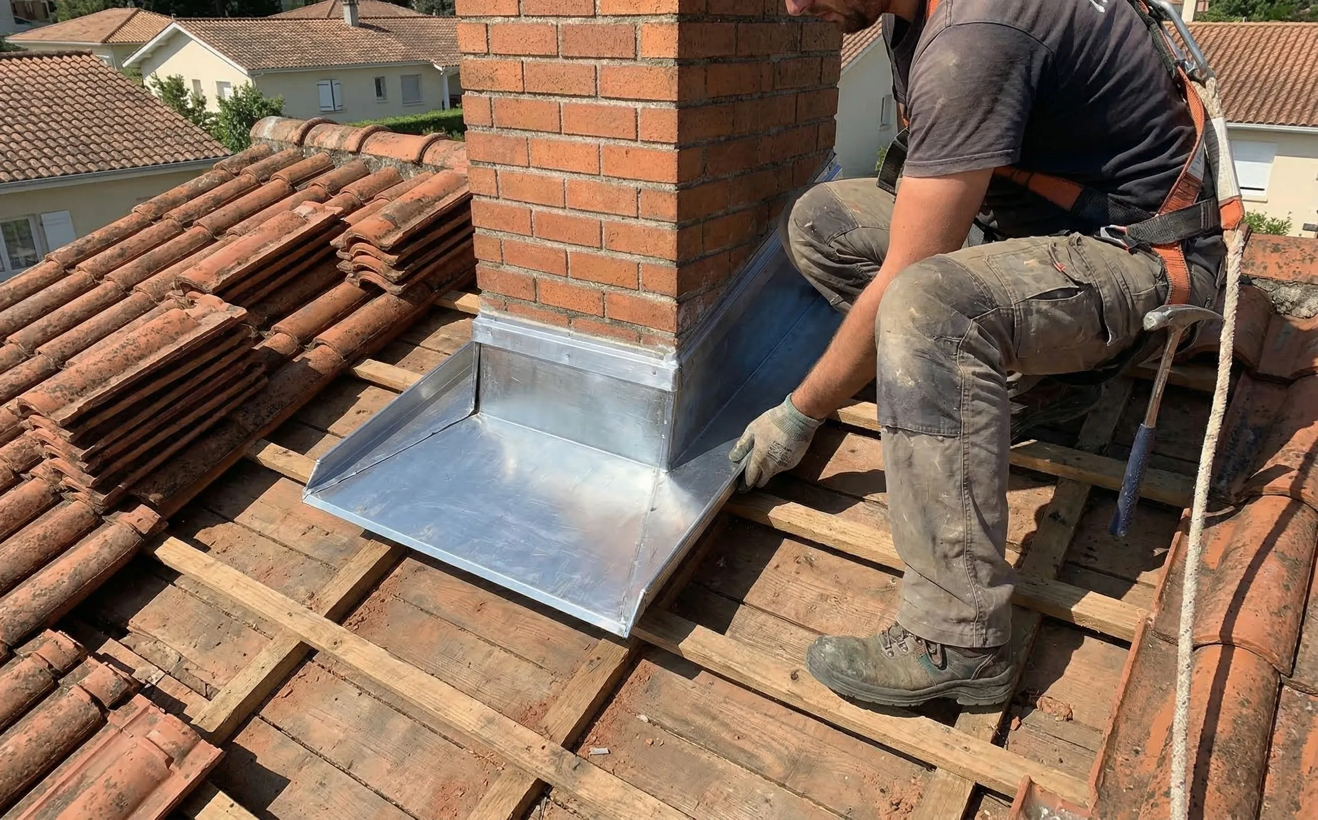 Couvreur zingueur accroupi sur une toiture positionnant la bavette d'aval au pied d'une cheminée