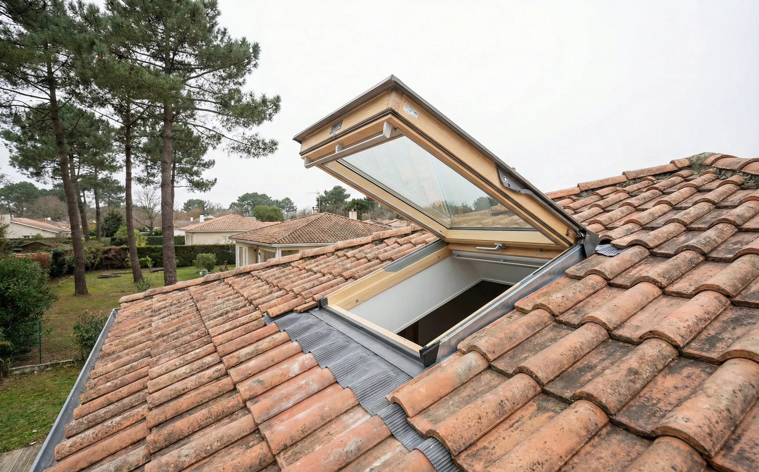 Velux posé sur une toiture en tuiles mécaniques à Pessac avec raccord d'étanchéité zinc