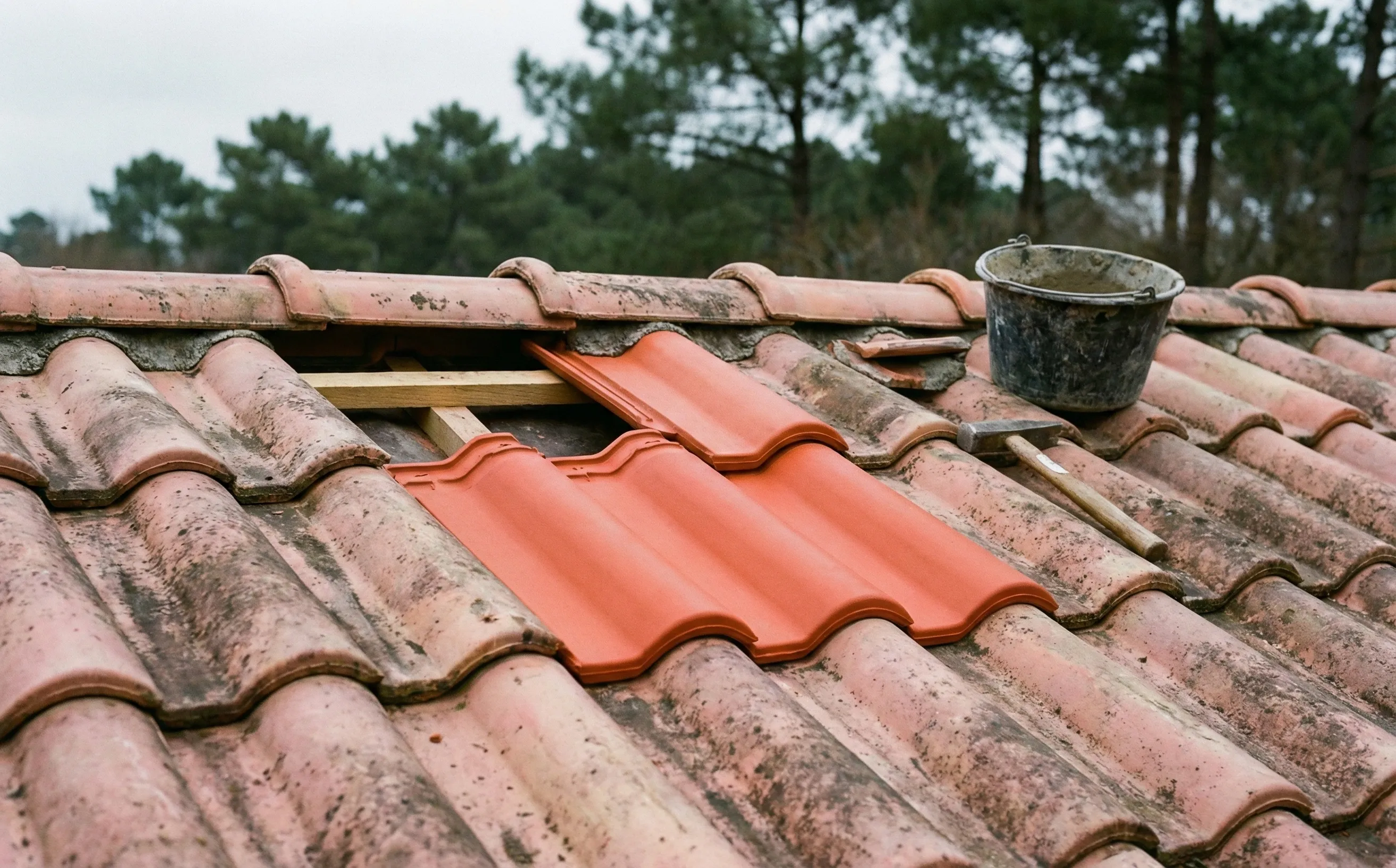 Remplacement de tuiles cassées sur une toiture à Pessac, contraste entre tuiles neuves et anciennes