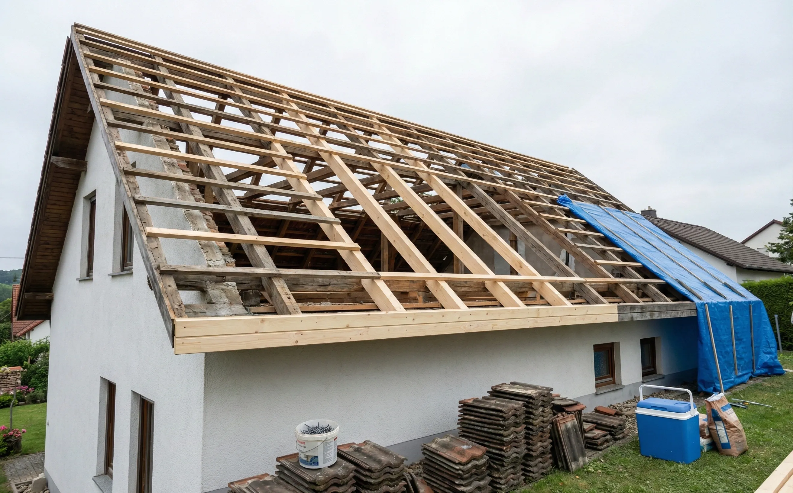 Charpente traditionnelle à nu pendant une rénovation de toiture, éléments neufs et anciens visibles