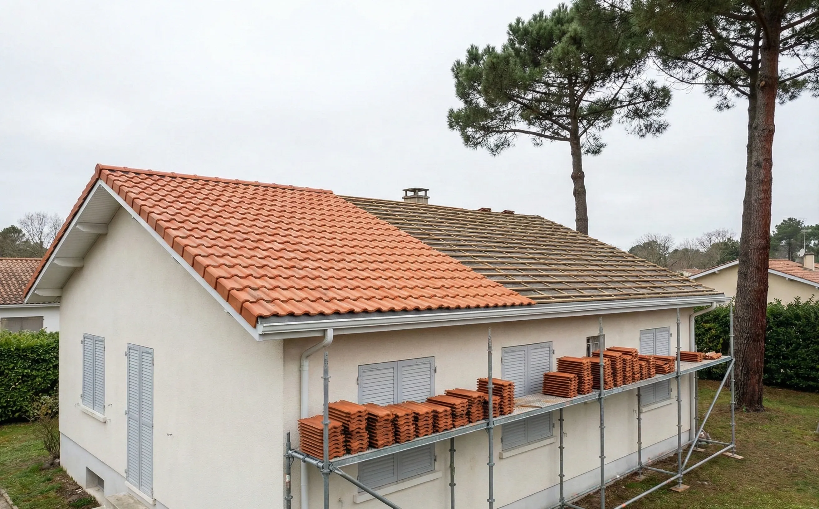Toiture d'un pavillon en cours de rénovation avec tuiles neuves à Pessac