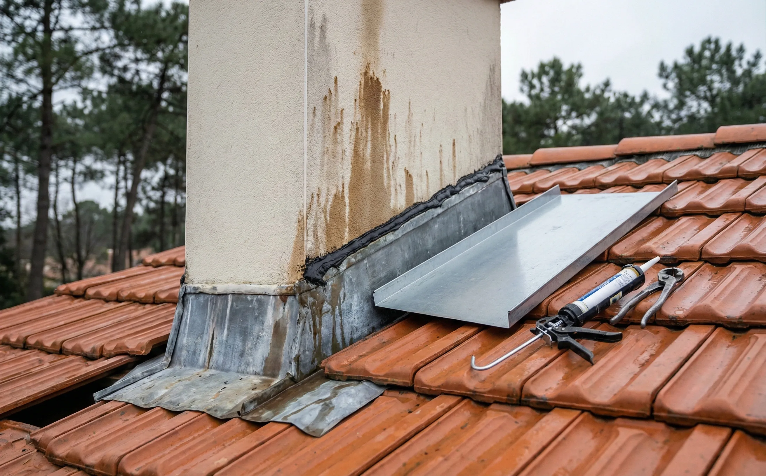 Réparation d'urgence d'un solin en zinc décollé le long d'une cheminée à Pessac