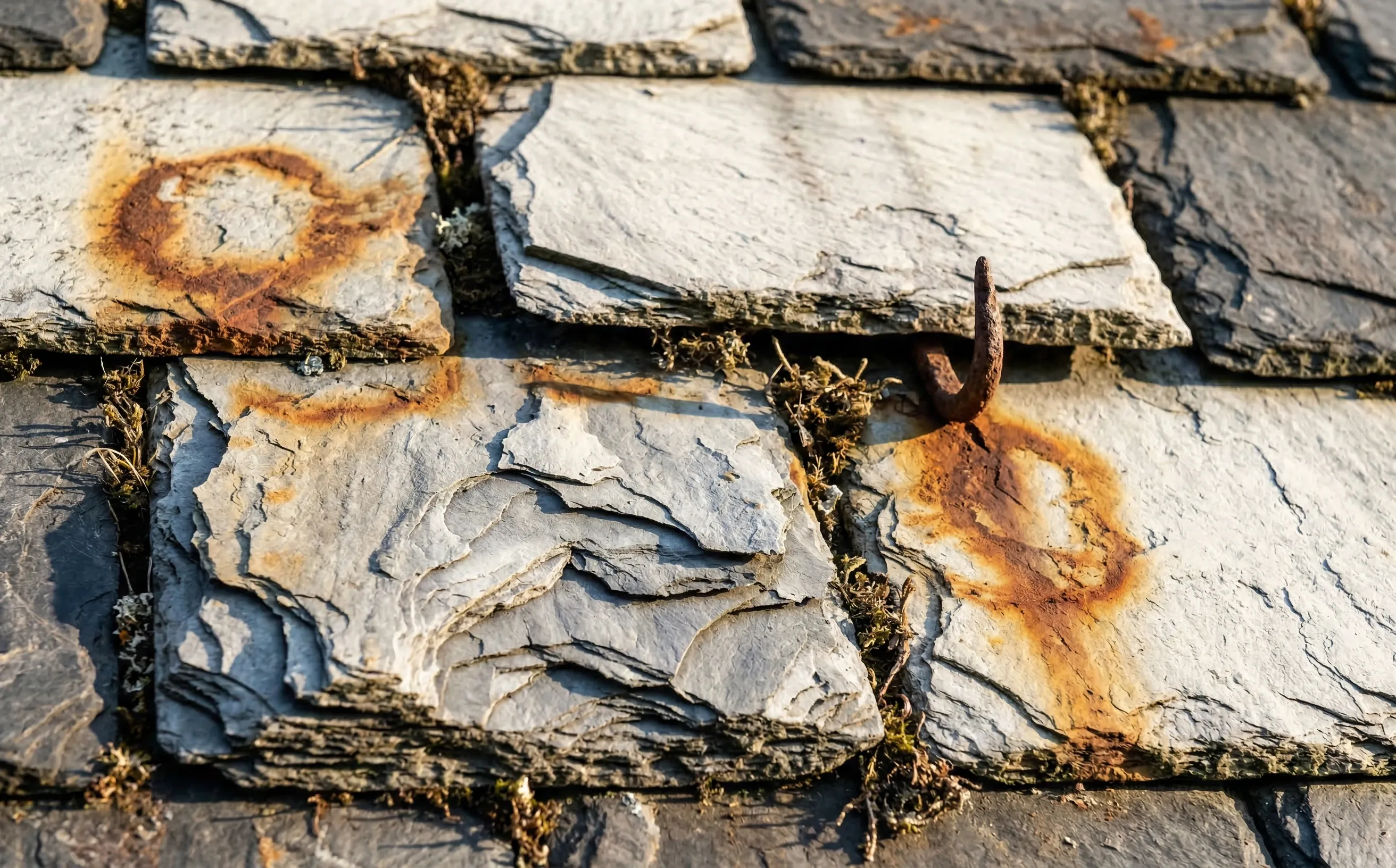 Ardoises en fin de vie présentant du blanchiment et un début de feuilletage, mousse en périphérie