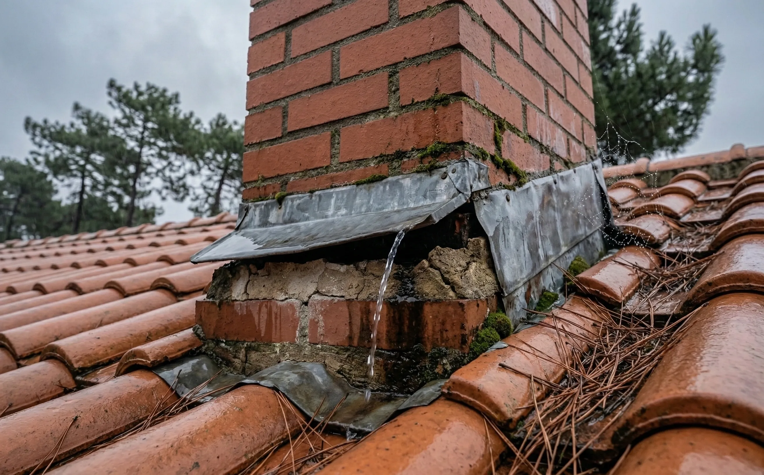 Solin en zinc décollé le long d'une souche de cheminée en brique rouge avec traces d'humidité sur le mortier