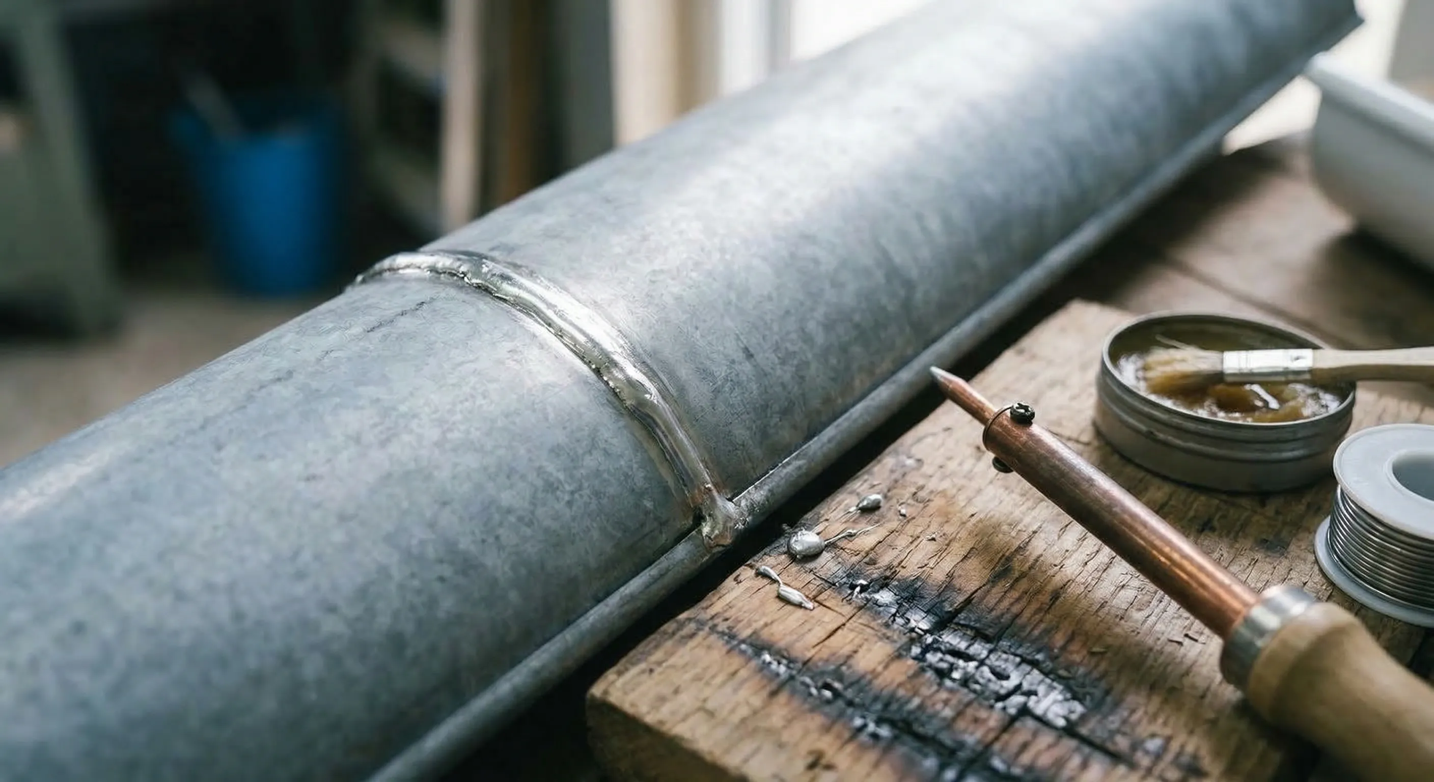 Gros plan sur une soudure à l'étain fraîchement réalisée sur une gouttière en zinc, fer à souder à panne plate et baguette d'étain posés à côté