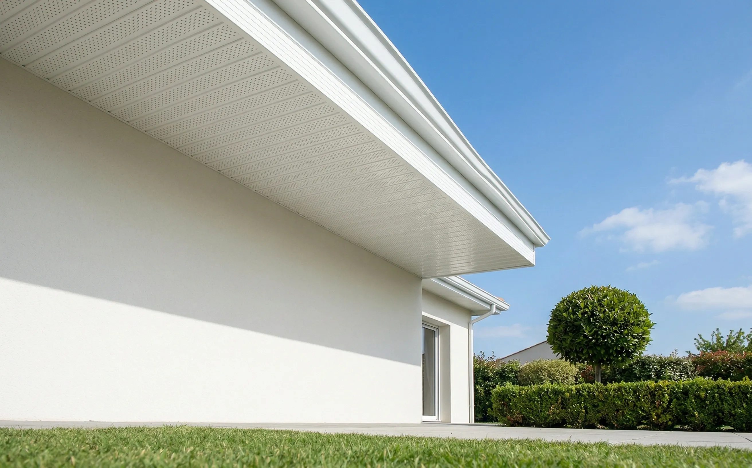 Sous-face en PVC blanc avec lames perforées sous le débord d'un pavillon récent, gouttière aluminium assortie et façade en crépi clair