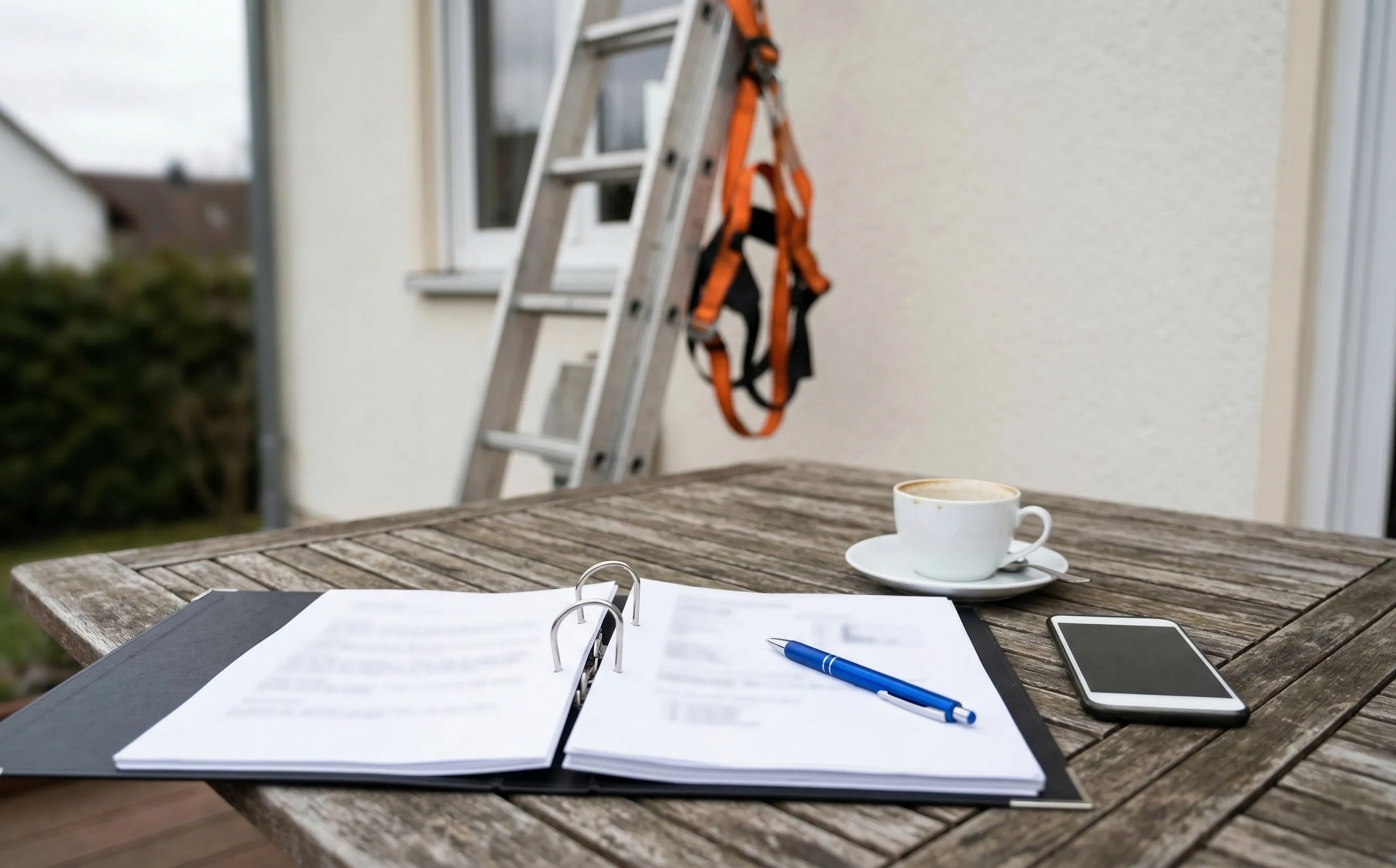 Table de jardin en bois avec un classeur ouvert, un stylo, une tasse de café et un téléphone, échelle en aluminium en arrière-plan
