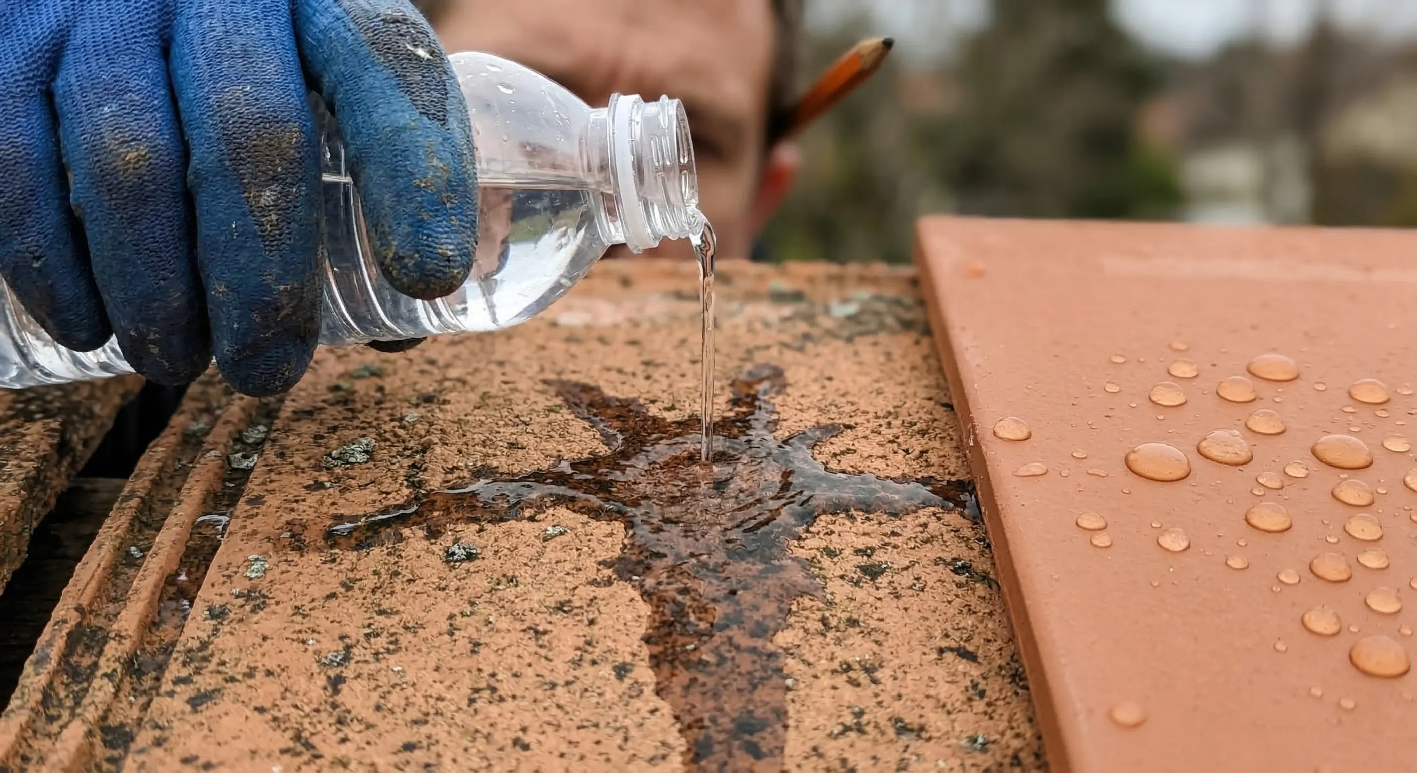 Test de porosité sur une tuile ancienne, eau versée absorbée instantanément dans le matériau poreux