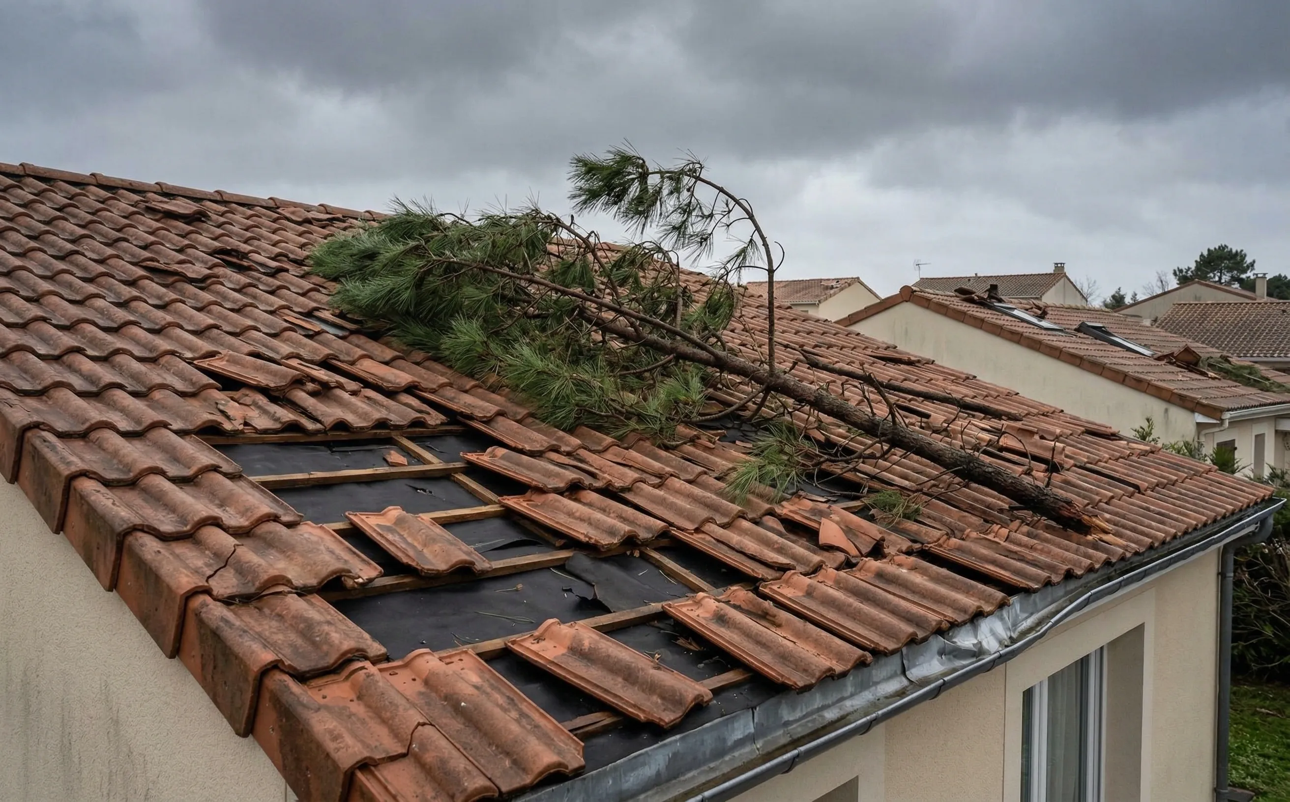 Toiture de pavillon endommagée après une tempête avec tuiles déplacées et branche de pin maritime
