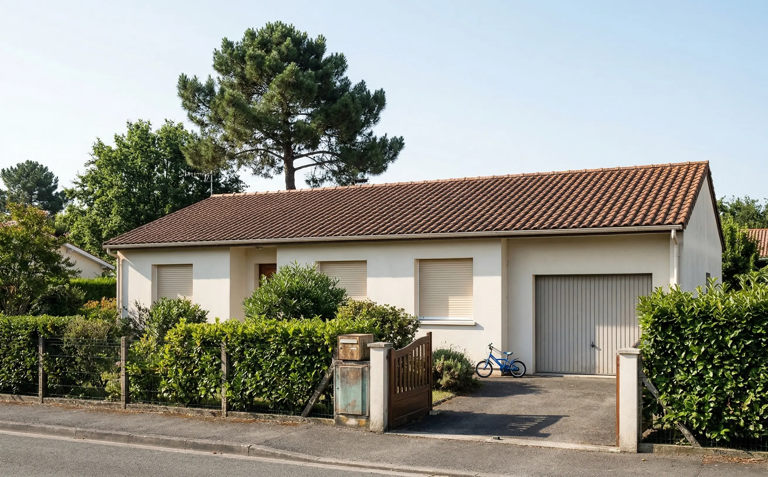 Toiture à deux pans d'un pavillon des années 1980 avec pente d'environ 30 degrés en tuiles mécaniques