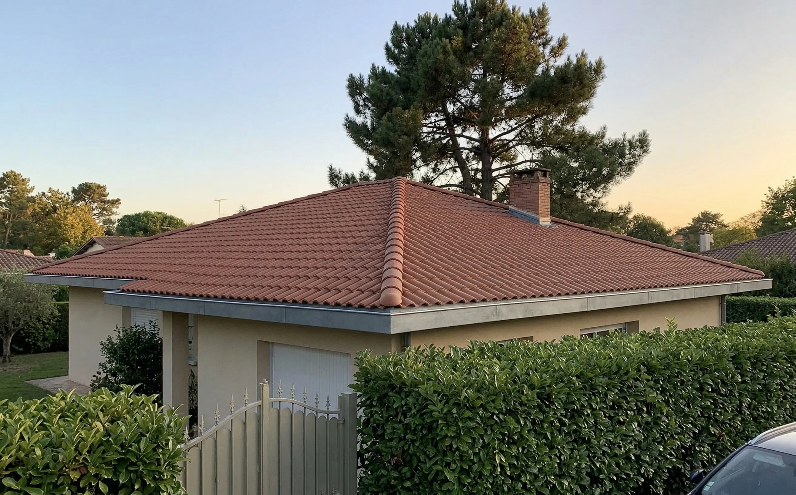 Toiture propre avec tuiles mécaniques en bon état et gouttières dégagées, pin maritime en arrière-plan