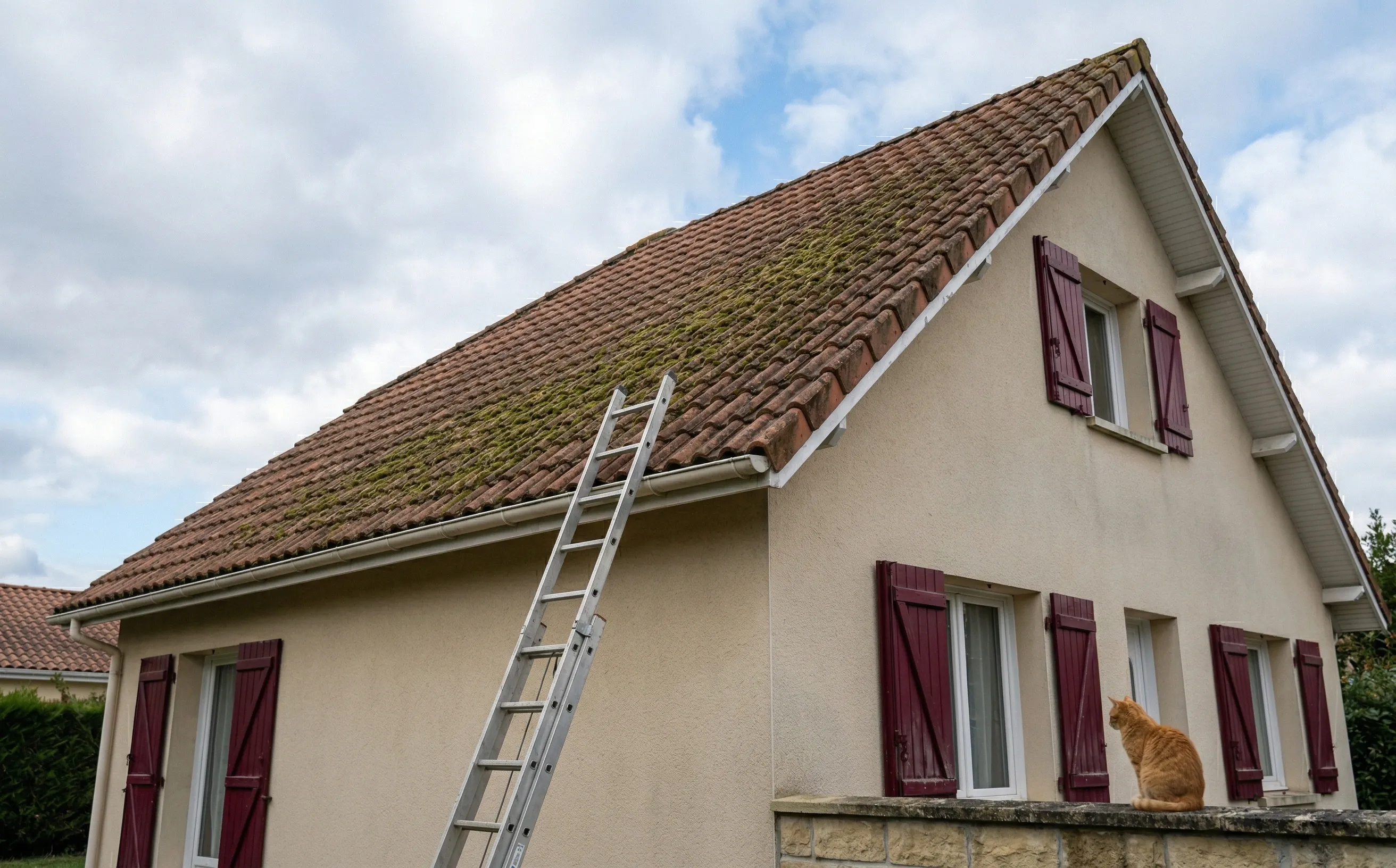 Toiture en forte pente avec tuiles canal, échelle posée contre la façade, ciel nuageux
