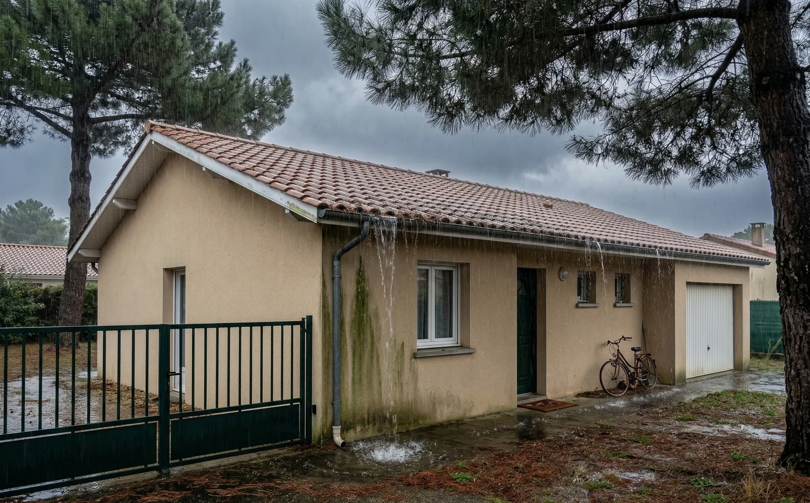 Toiture en tuile mécanique sous forte pluie avec gouttière en zinc débordante et traces d'eau le long de la façade