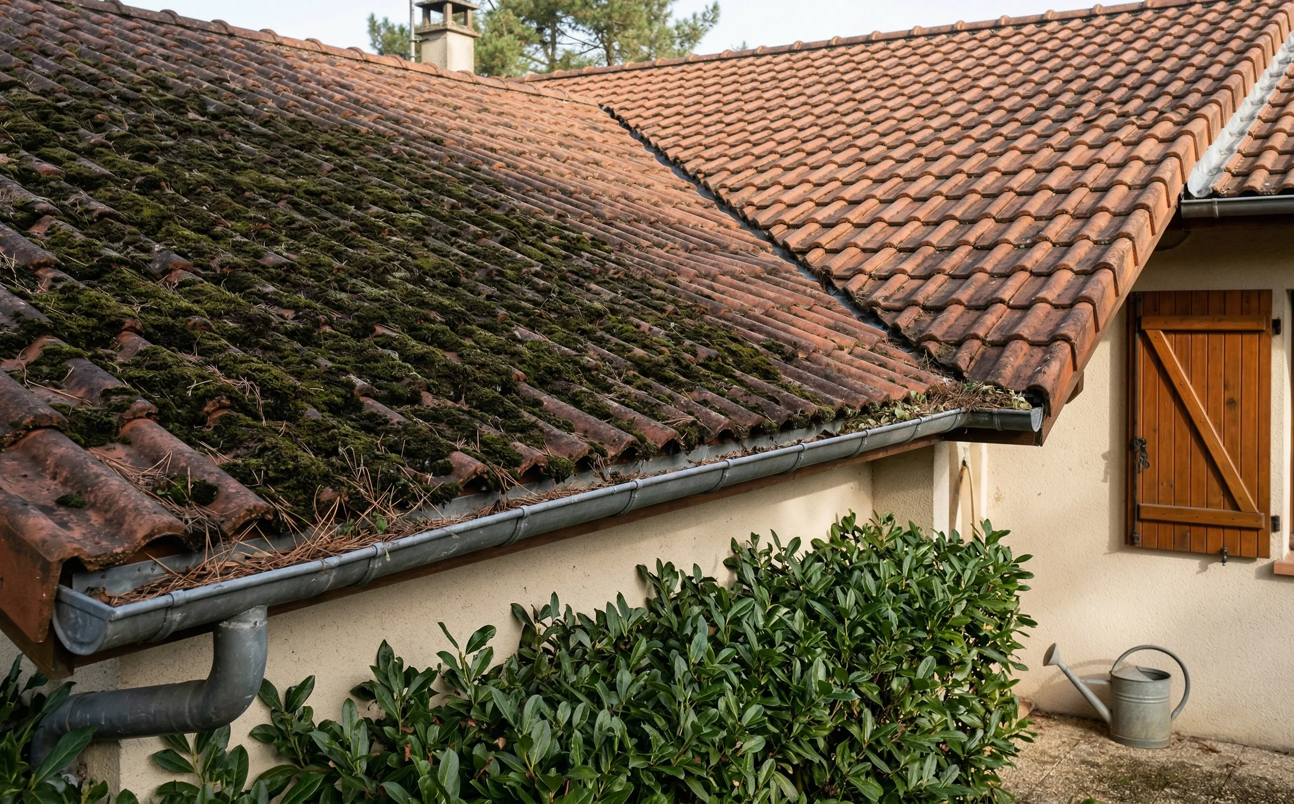Toiture de pavillon des années 1980 couverte de mousse vert sombre sur le versant nord, gouttière zinc obstruée par des aiguilles de pin