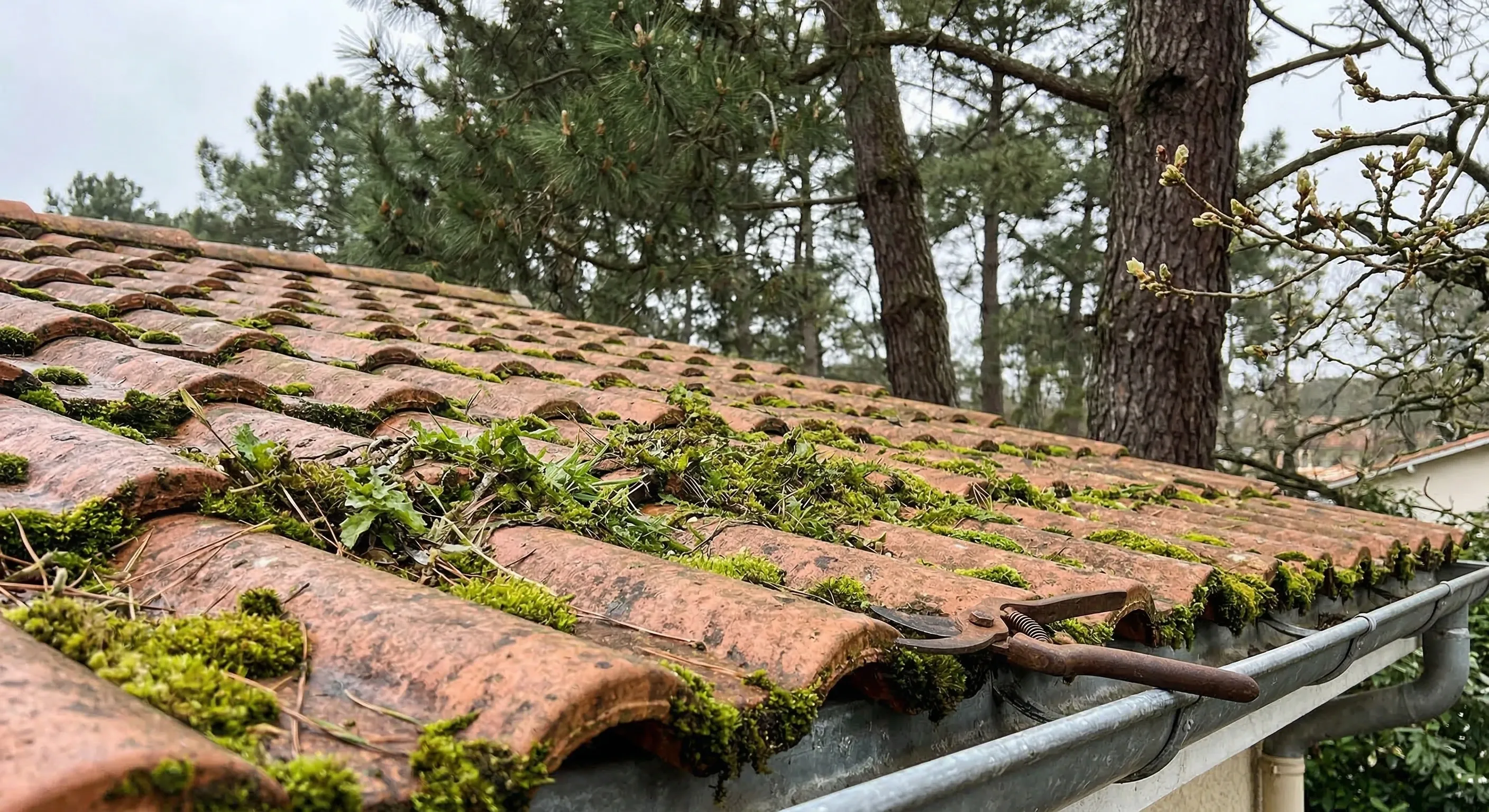 Toiture en tuiles mécaniques avec mousse vert tendre au printemps, bourgeons de chêne en arrière-plan