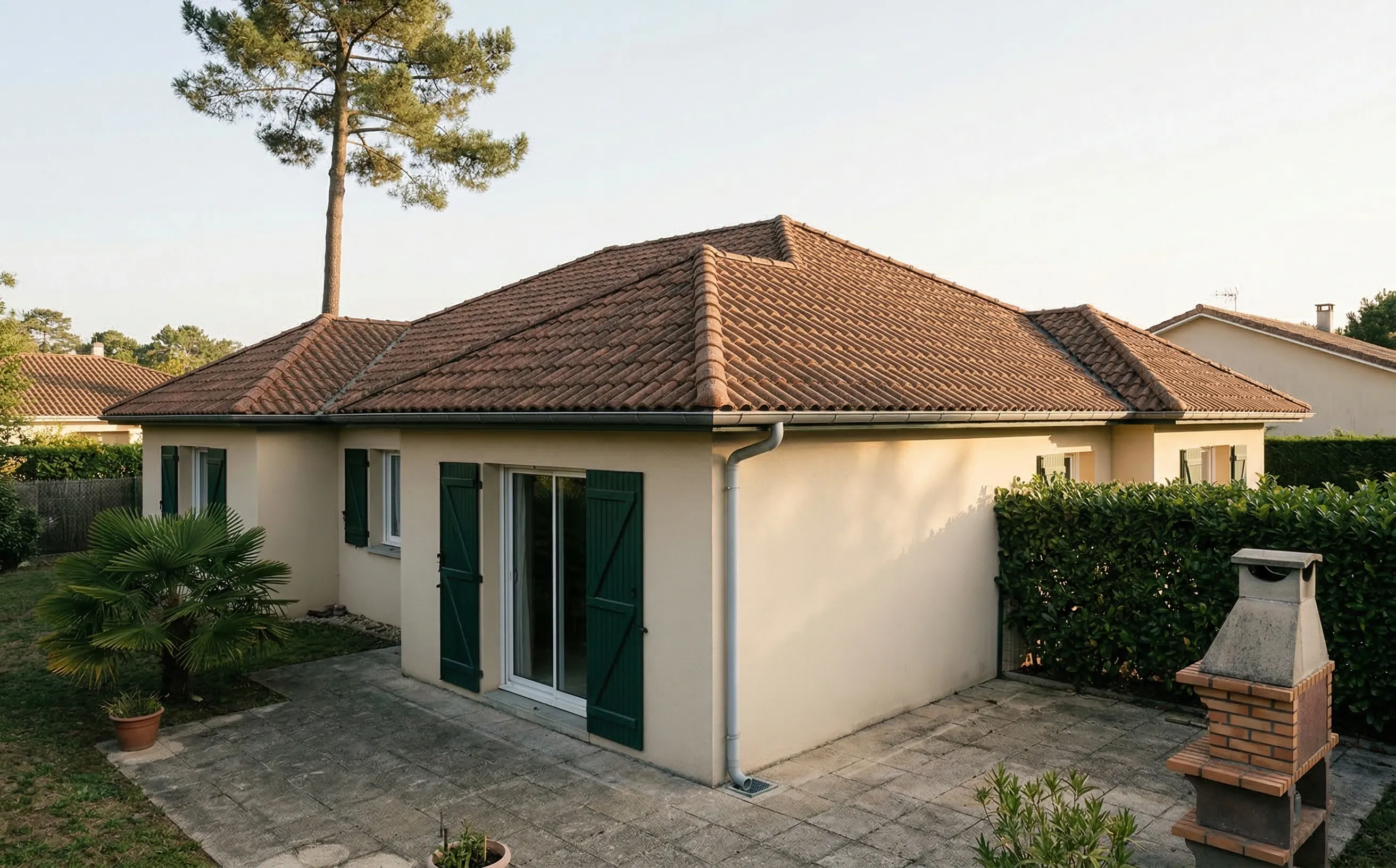 Toiture à quatre pans avec croupes d'un pavillon girondin vue depuis le jardin