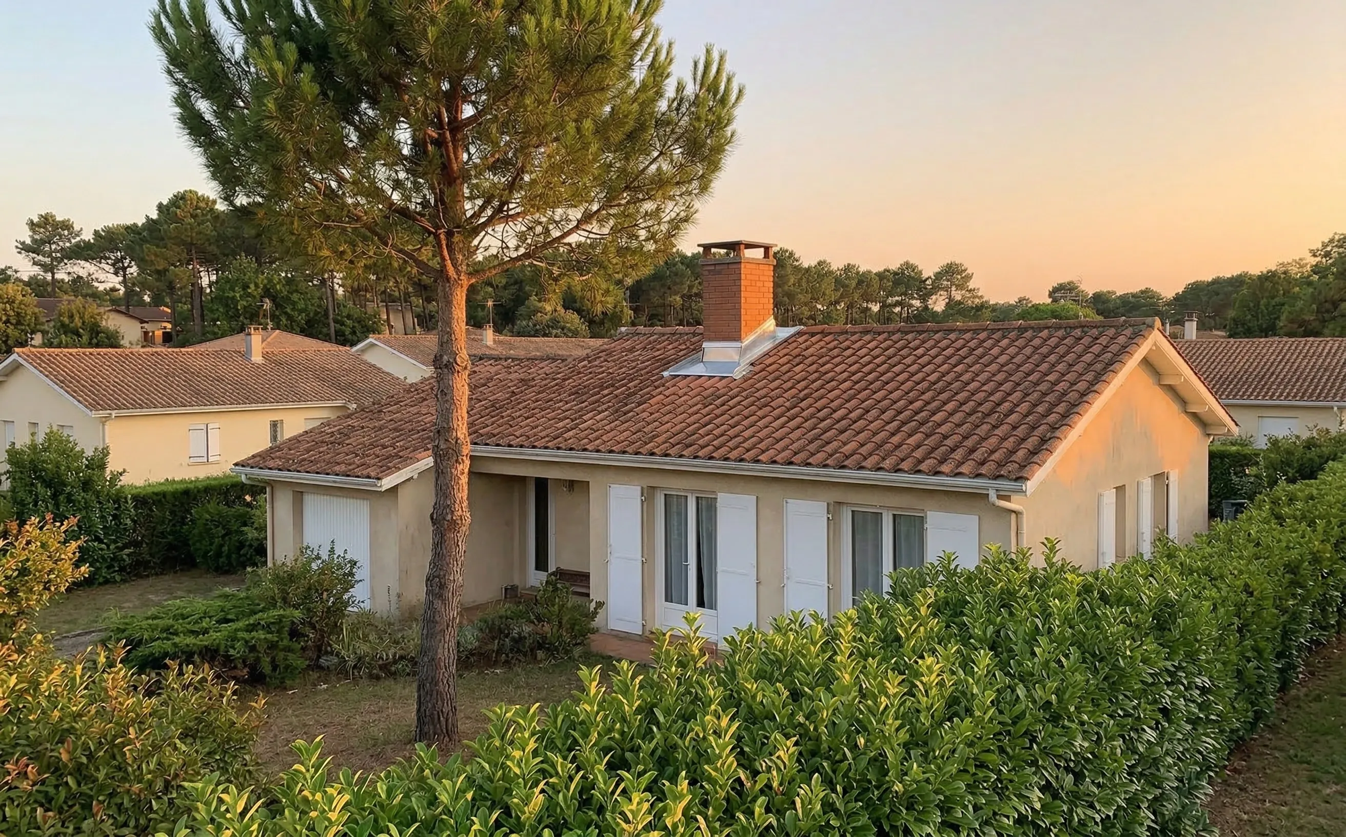 Toiture en tuile canal sur un pavillon girondin avec cheminée en brique et abergement zinc