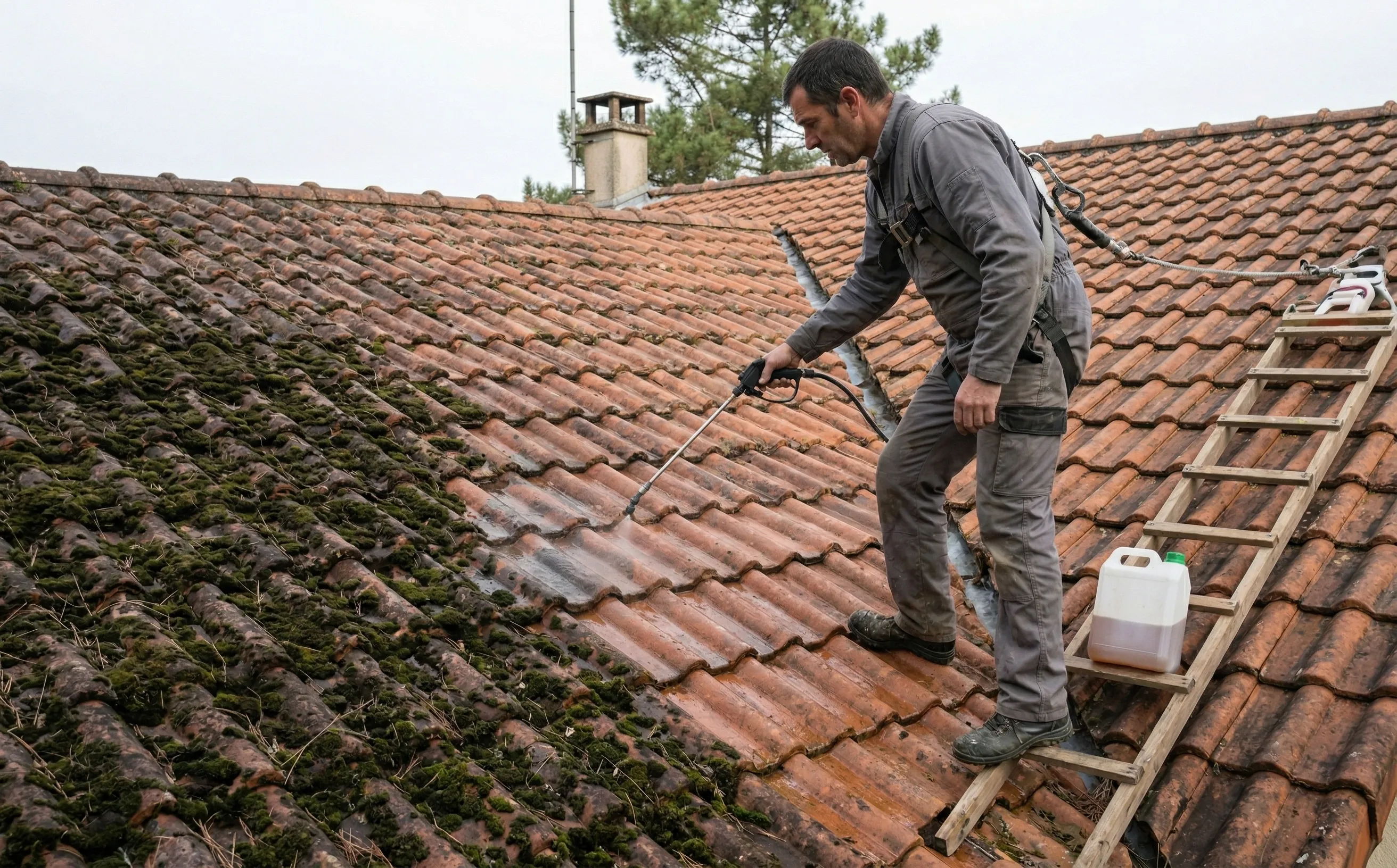 Professionnel en combinaison appliquant un traitement biocide sur une toiture en tuiles mécaniques avec pulvérisateur basse pression