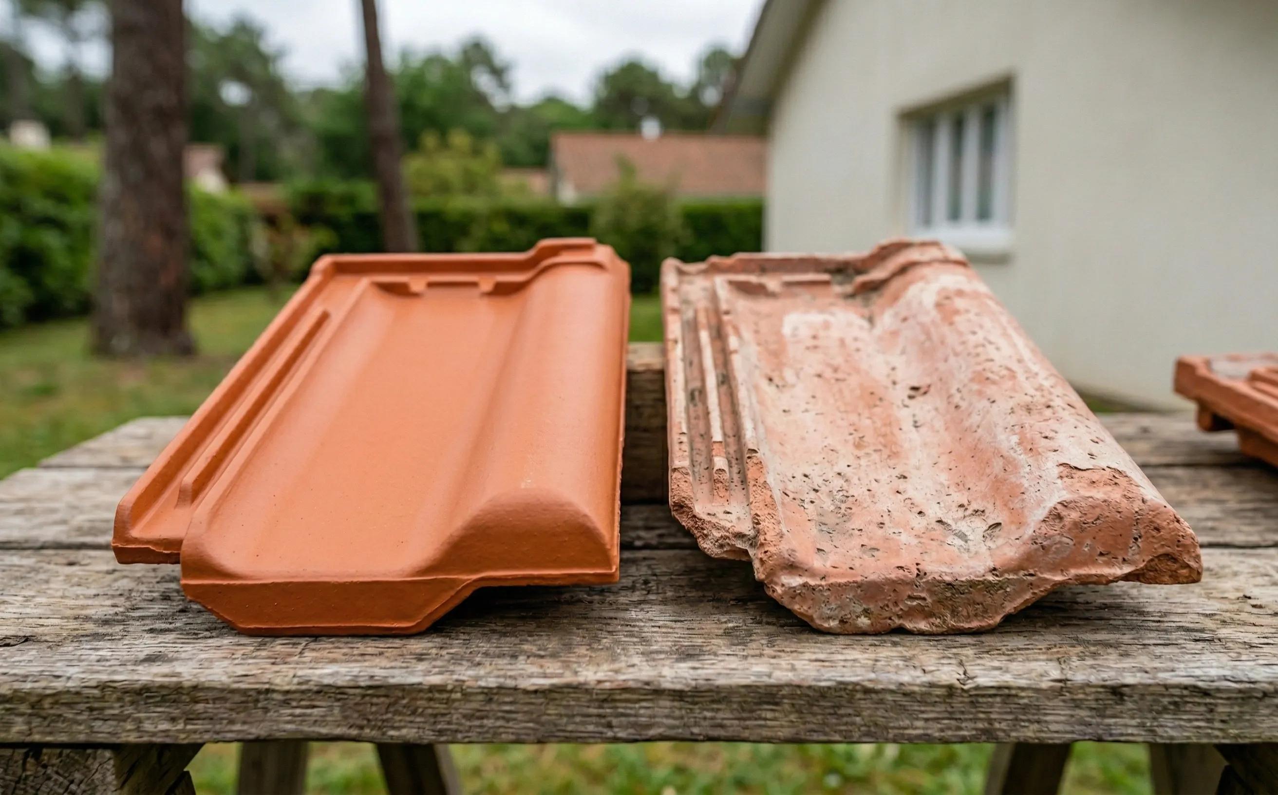 Deux tuiles mécaniques côte à côte : tuile saine avec émail intact vs tuile endommagée par haute pression