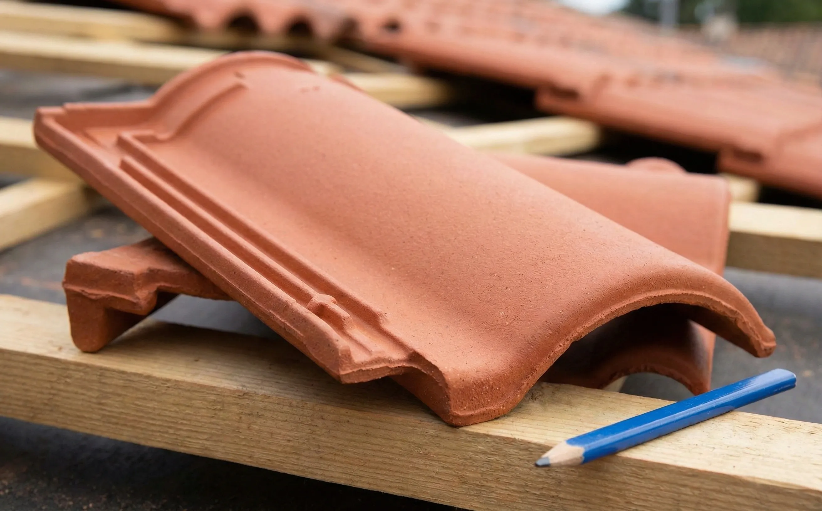 Tuile mecanique regionale type Romane posee sur liteau, galbe et emboitement visibles