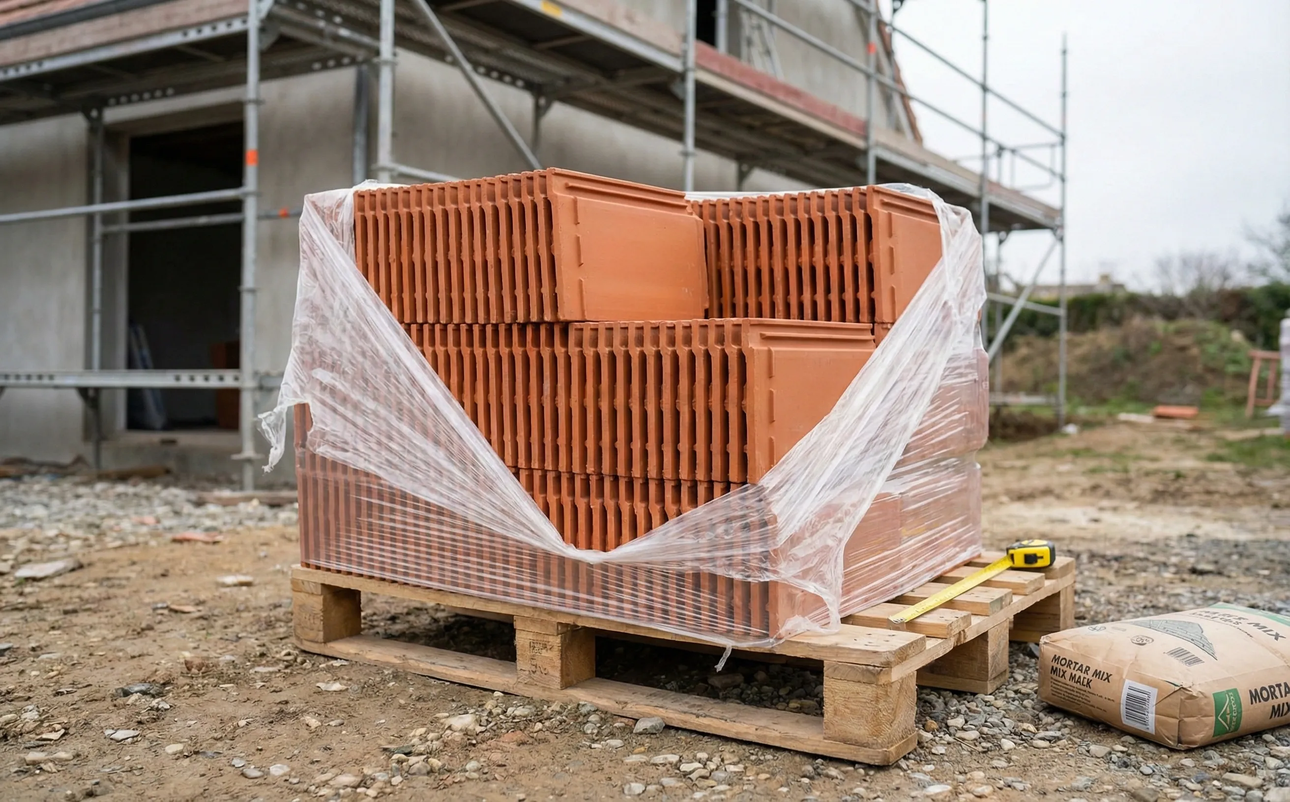 Tuiles mecaniques neuves en terre cuite empilees sur une palette de chantier