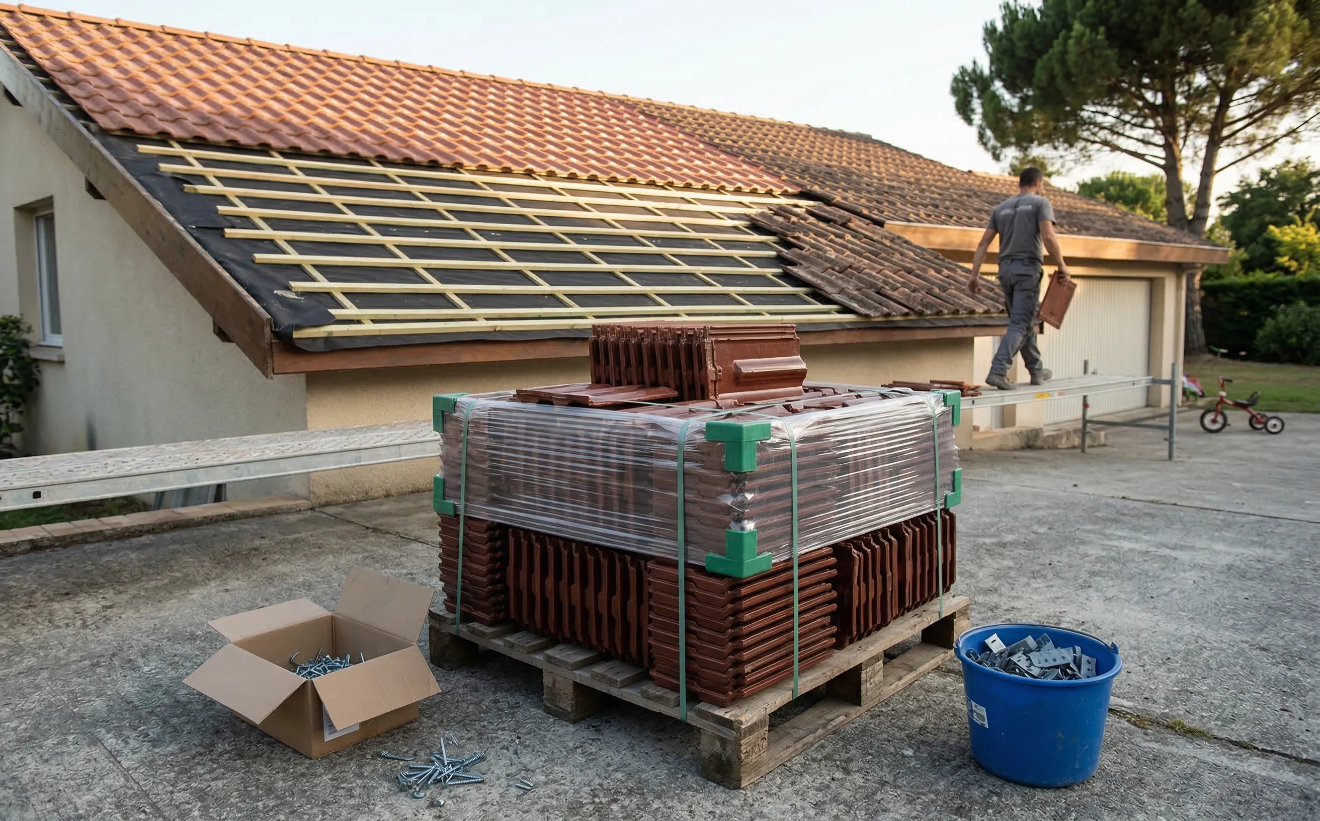 Pile de tuiles mécaniques neuves sur palette dans un jardin avec pavillon en rénovation en arrière-plan