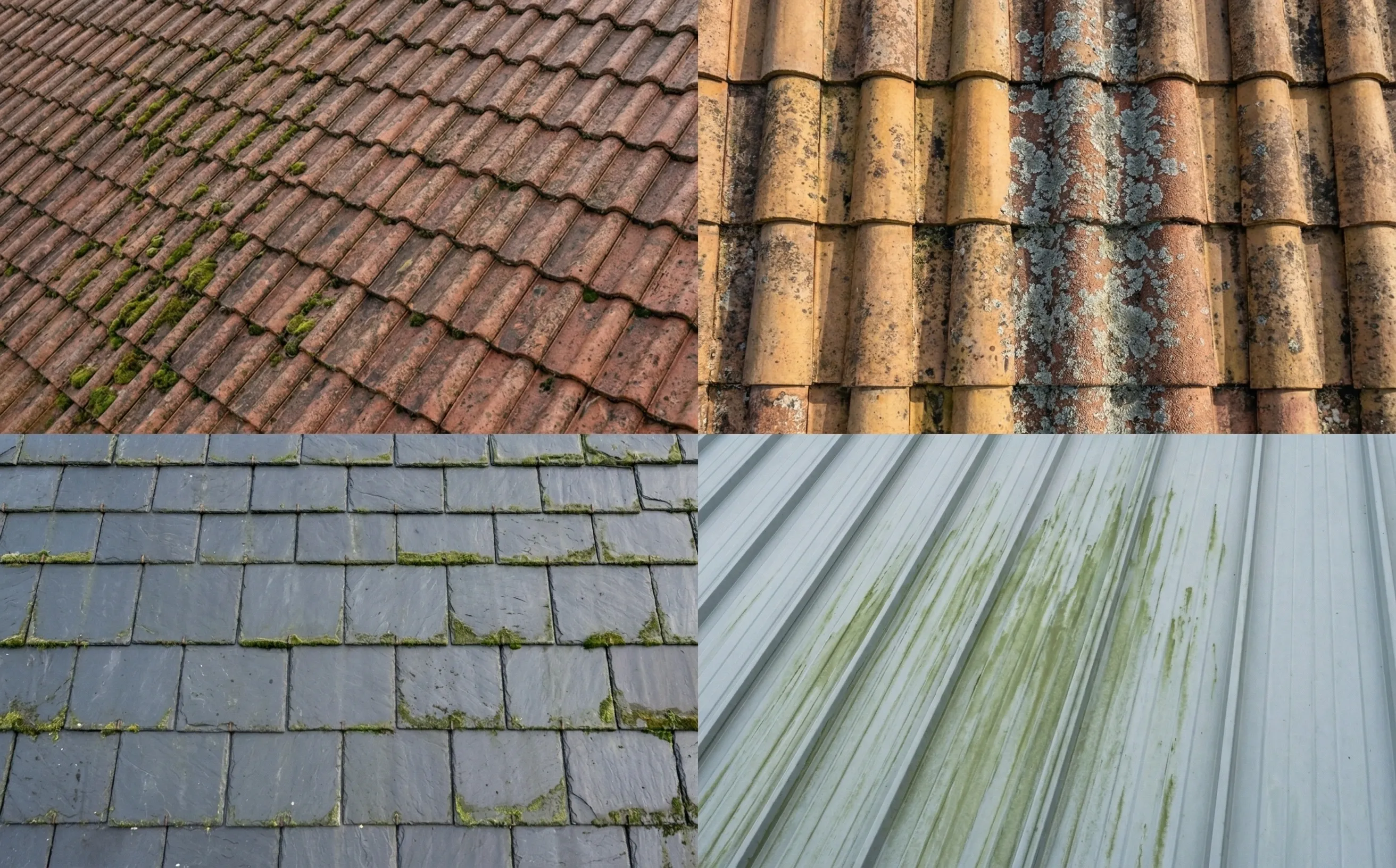 Quatre types de toiture vus du dessus : tuile mécanique rouge, tuile canal ocre, ardoise gris foncé et bac acier gris clair