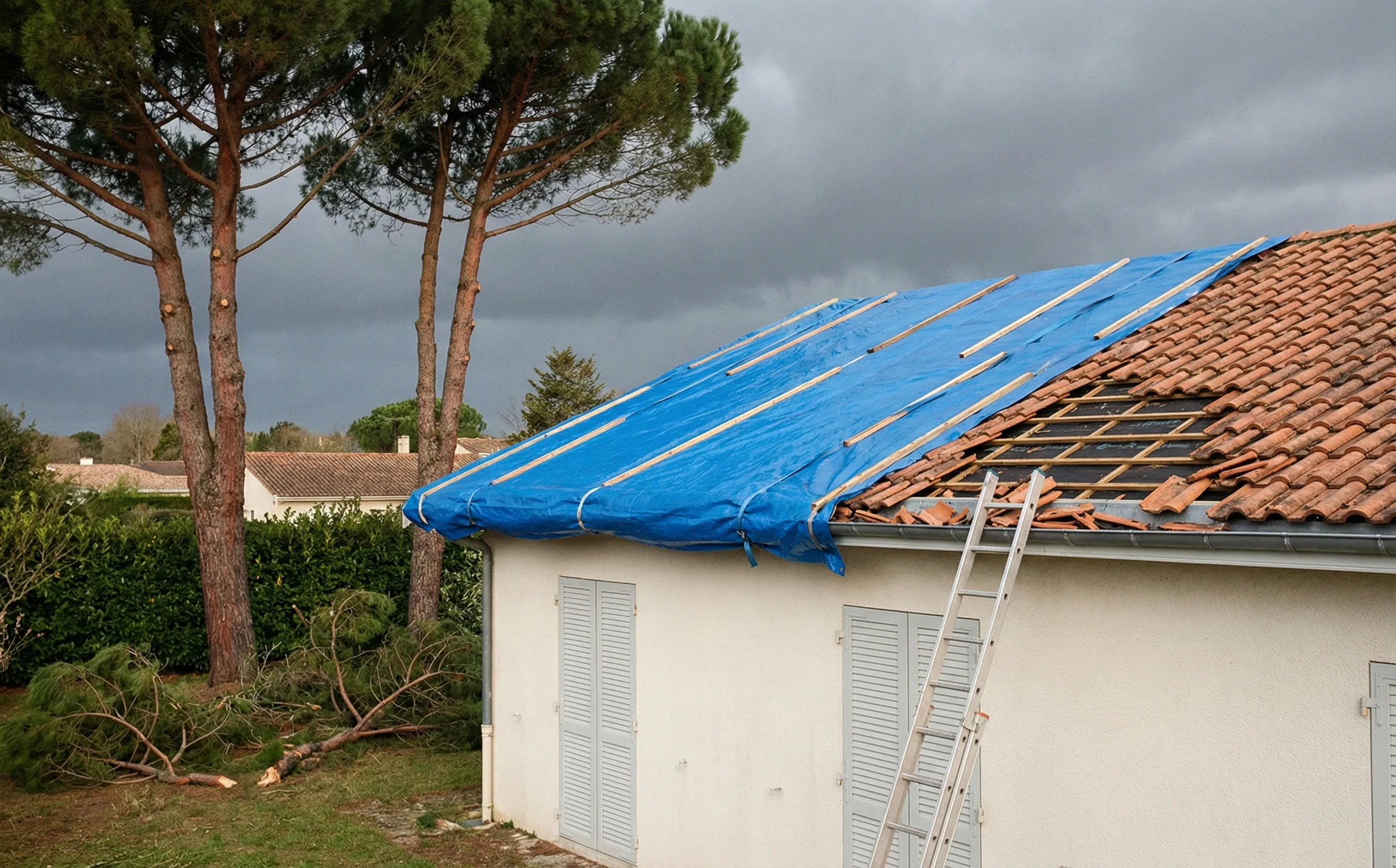 Bâche de protection posée en urgence sur une toiture endommagée après une tempête à Pessac